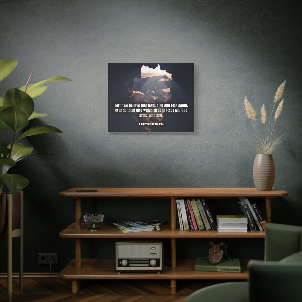 Scripture Canvas Jesus Died and Rose Again 1 Thessalonians 4:14 Christian Wall Art Bible Verse Print Ready to Hang