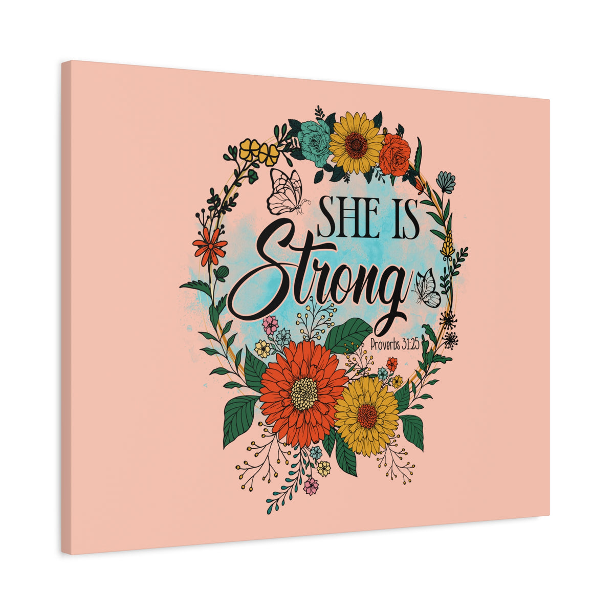 Scripture Canvas She Is Strong Peach Proverbs 31:25 Christian Wall Art Bible Verse Print Ready to Hang