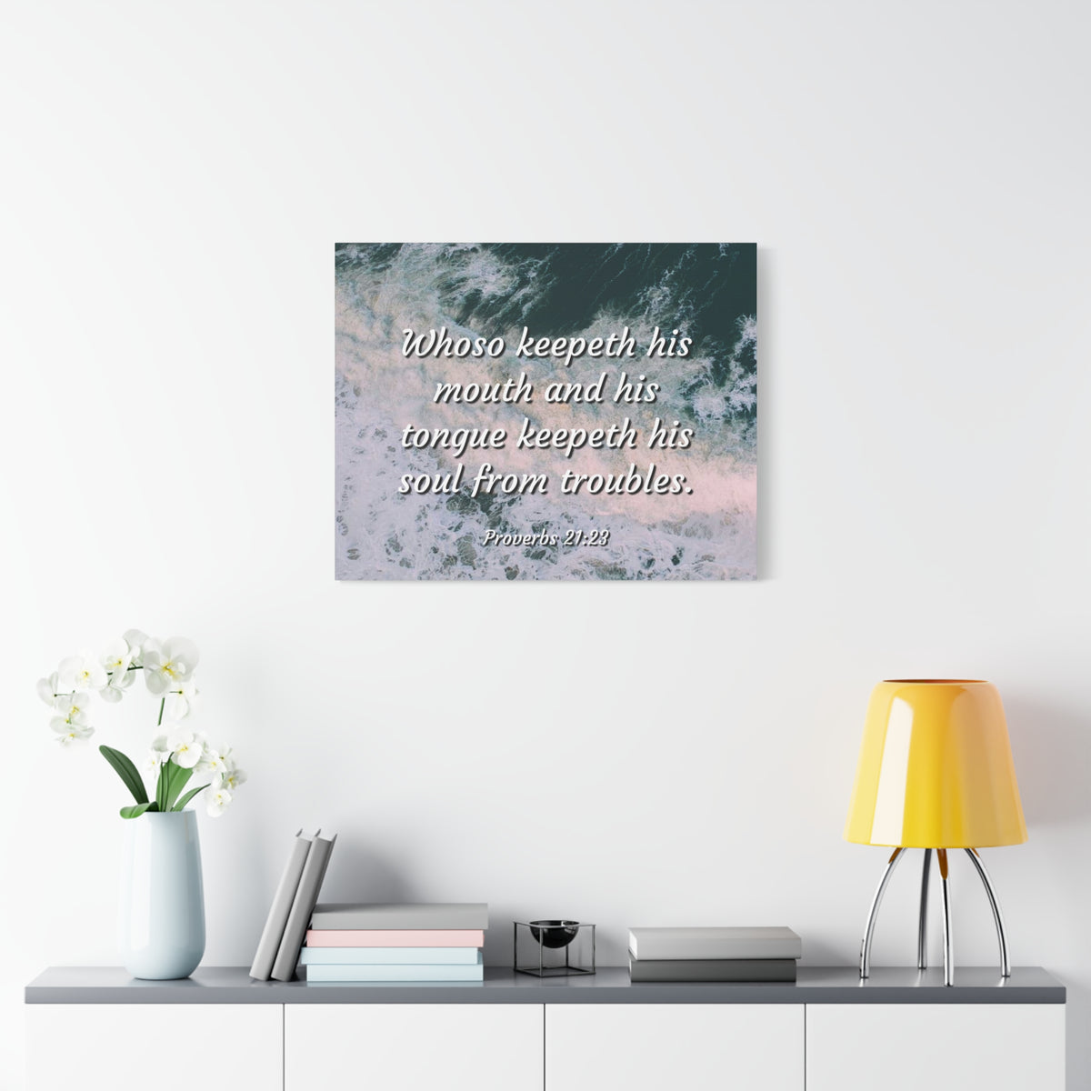 Scripture Canvas Troubles Proverbs 21:23 Christian Wall Art Bible Verse Print Ready to Hang