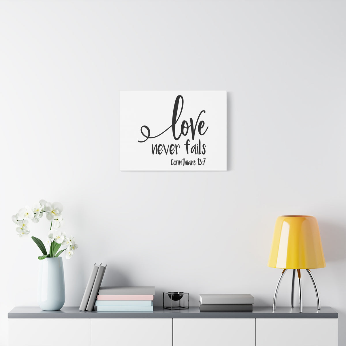 Scripture Canvas Love Never Fails Corinthians 13:7 Christian Wall Art Bible Verse Print Ready to Hang