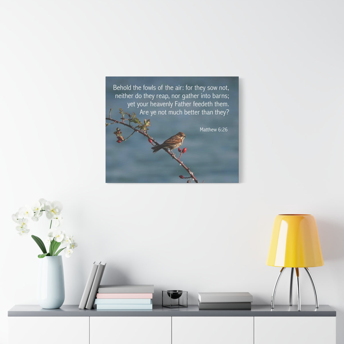 Scripture Canvas Behold The Fowls Matthew 6:26 Christian Wall Art Bible Verse Print Ready to Hang