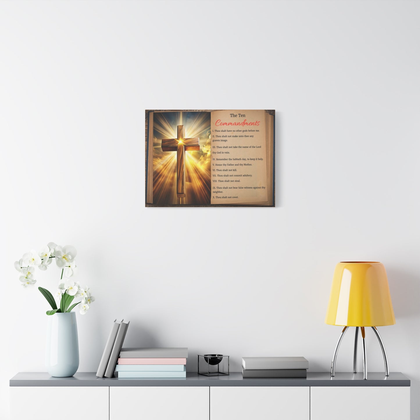 The Ten Commandments Open Book Cross Bible Canvas Christian Wall Art Ready to Hang Unframed