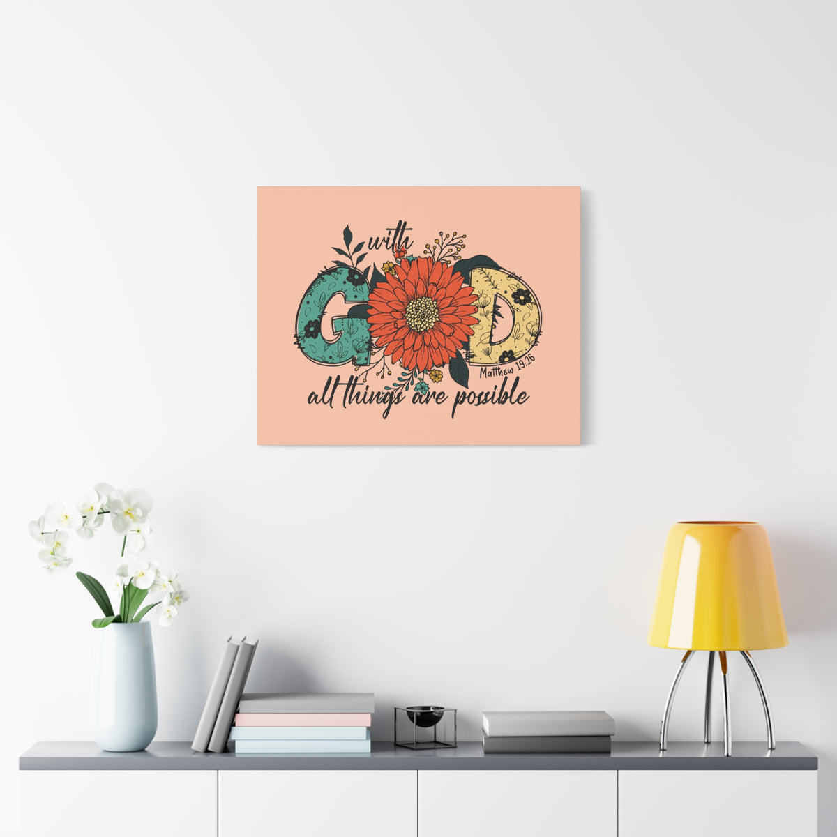 Scripture Canvas With God Mark 10:27 Three Flowers Peach Christian Wall Art Bible Verse Print Ready to Hang