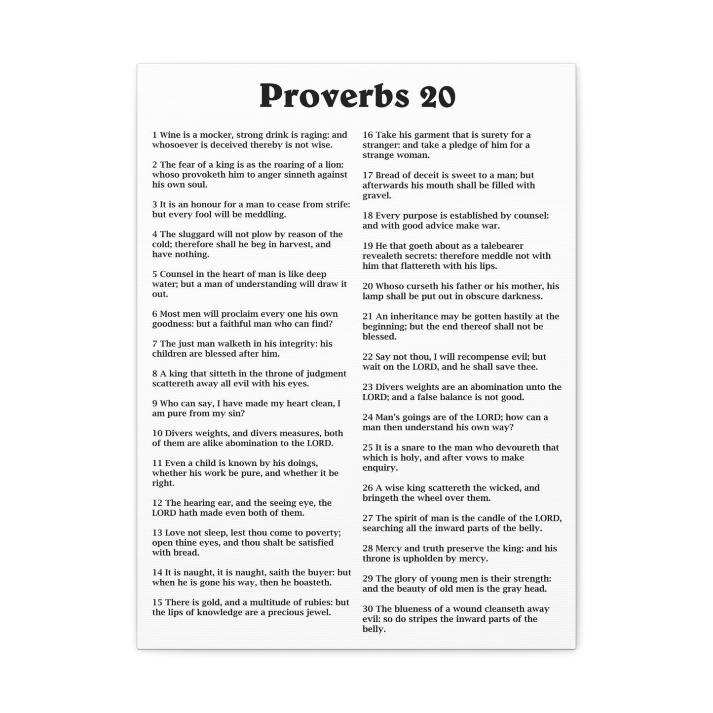 Proverbs Chapter 20 White Bible Canvas Christian Wall Art Ready to Hang Unframed