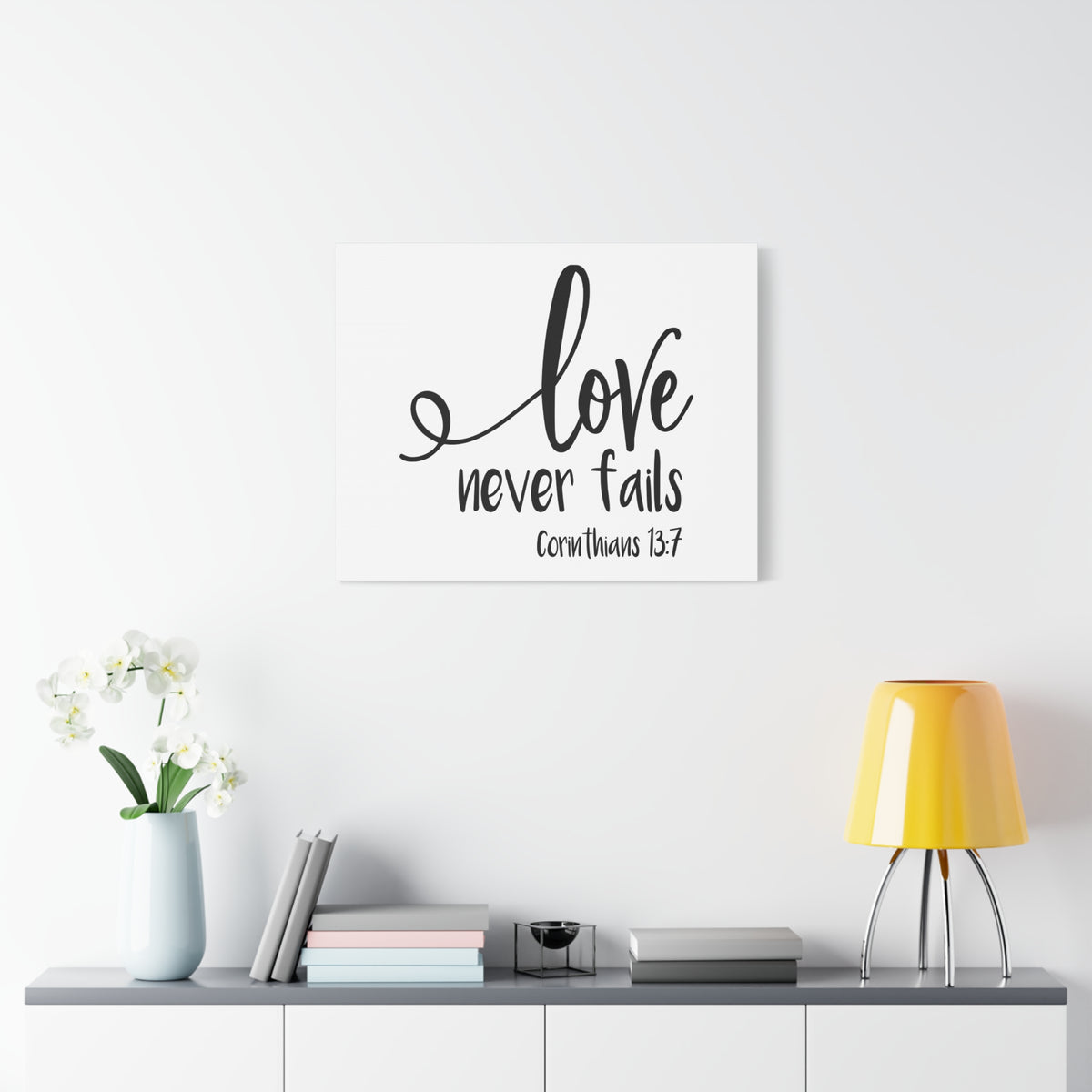 Scripture Canvas Love Never Fails Corinthians 13:7 Christian Wall Art Bible Verse Print Ready to Hang