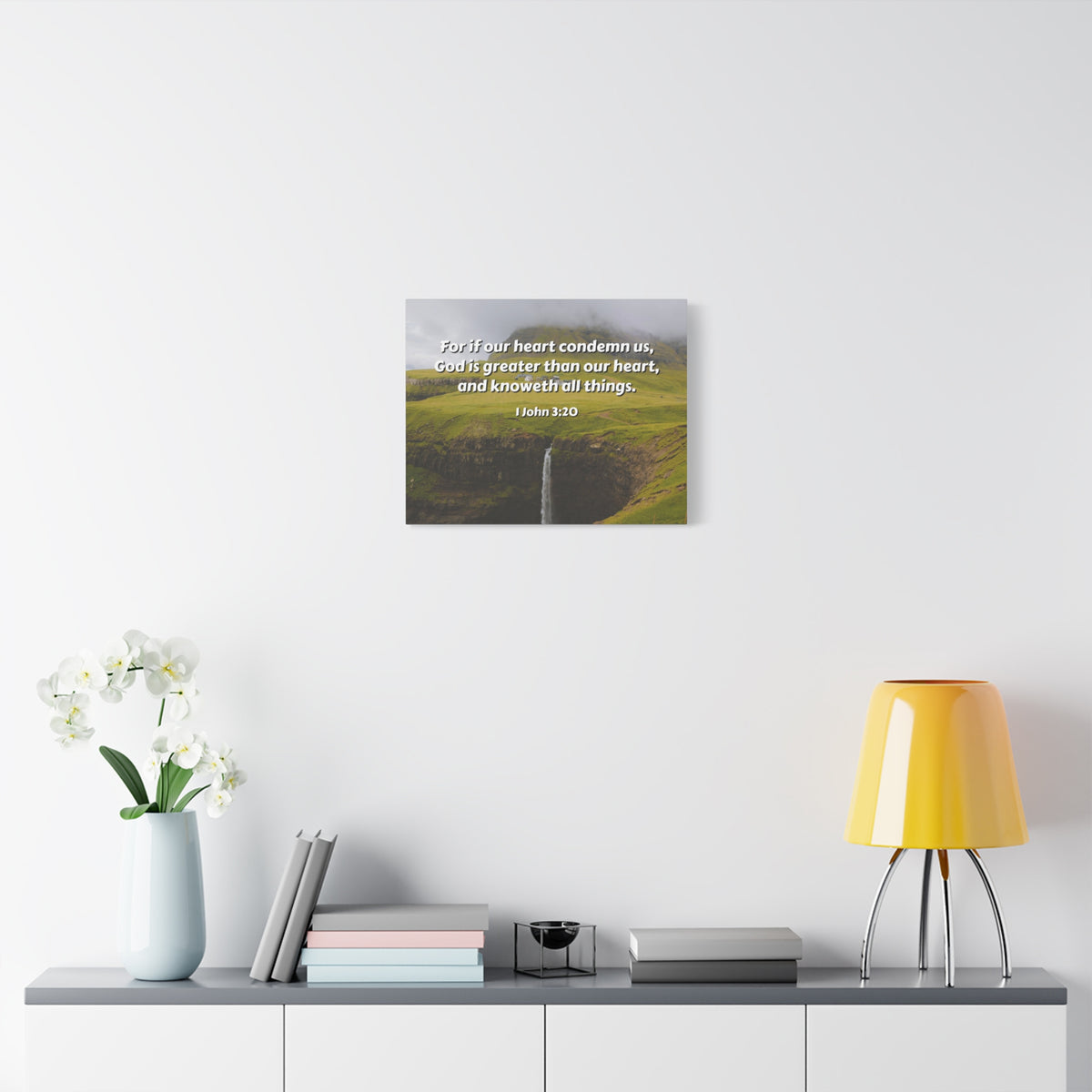 Scripture Canvas God Is Greater 1 John 3:20 Christian Wall Art Bible Verse Print Ready to Hang