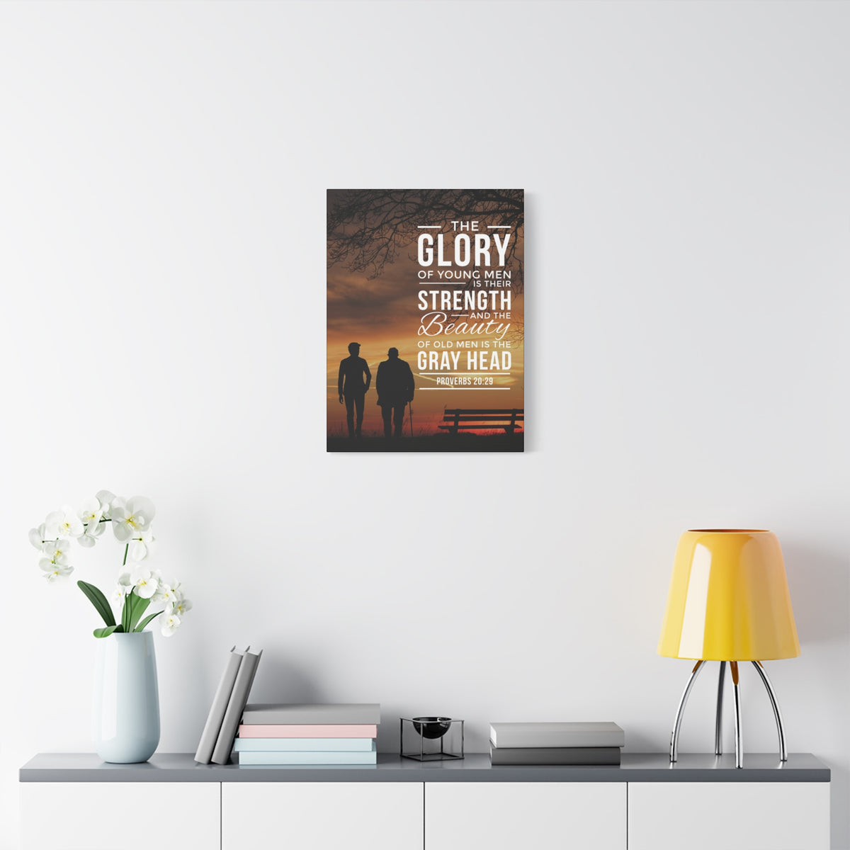 Scripture Canvas The Glory of Young Men Proverbs 20:29 Christian Wall Art Bible Verse Print Ready to Hang