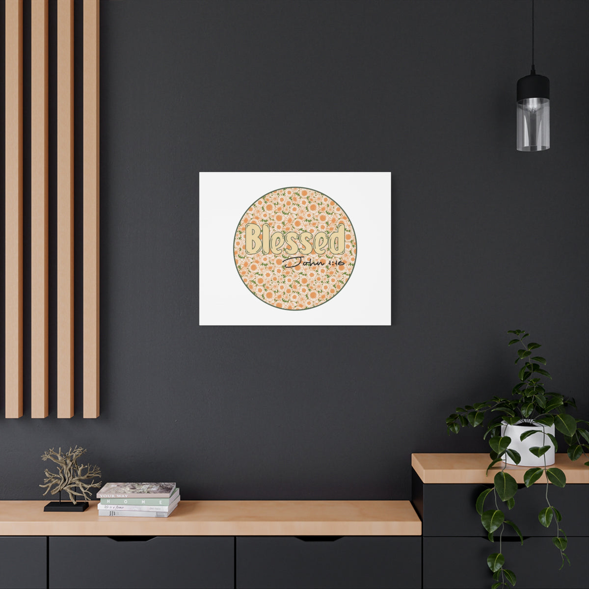 Scripture Canvas Blessed John 1:16 Flower Circle Christian Wall Art Bible Verse Print Ready to Hang