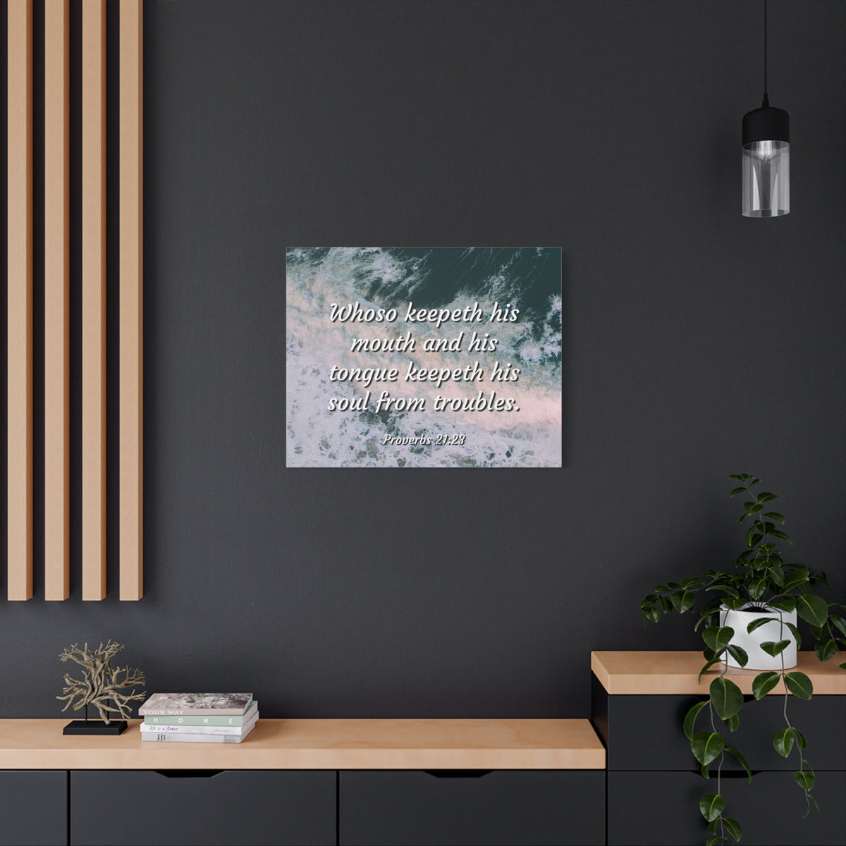 Scripture Canvas Troubles Proverbs 21:23 Christian Wall Art Bible Verse Print Ready to Hang
