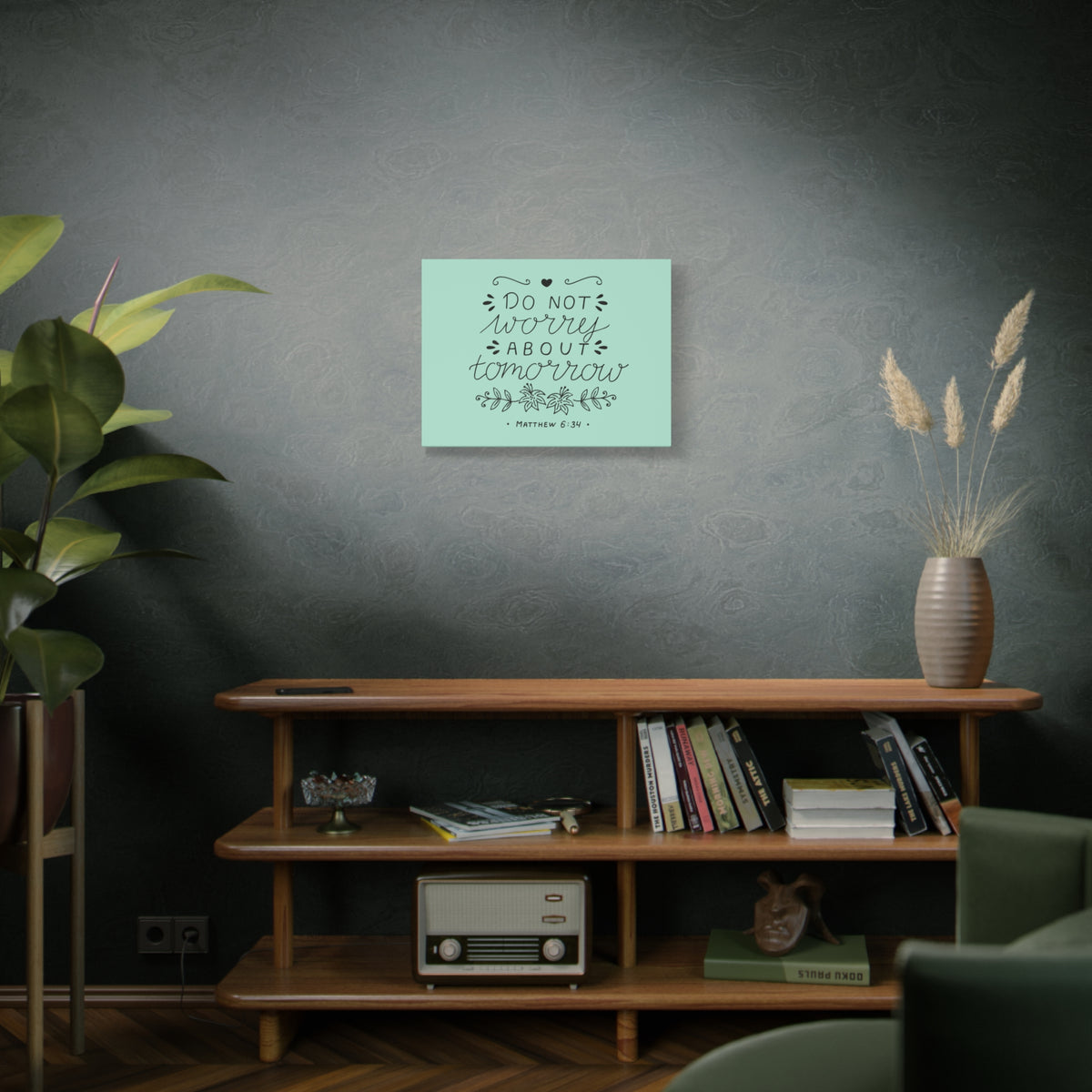 Scripture Canvas Tomorrow Teal Matthew 6:34 Christian Wall Art Bible Verse Print Ready to Hang
