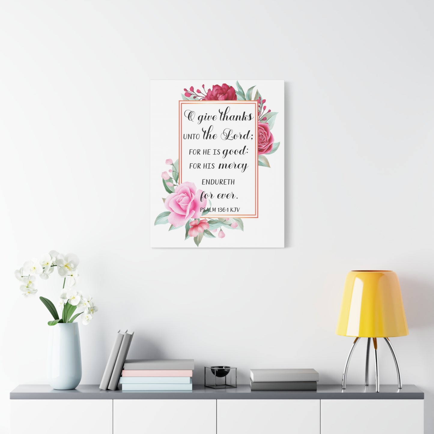 Scripture Canvas Give Thanks Psalm 136:1 Christian Wall Art Bible Verse Print Ready to Hang