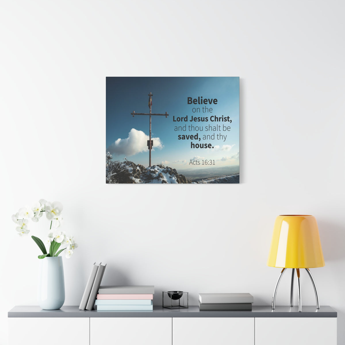 Scripture Canvas Believe Acts 16:31 Christian Wall Art Bible Verse Print Ready to Hang