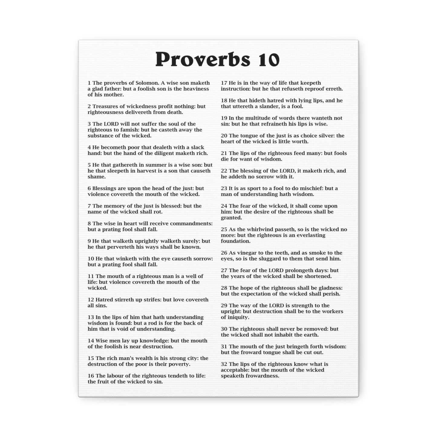 Proverbs Chapter 10 White Bible Canvas Christian Wall Art Ready to Hang Unframed