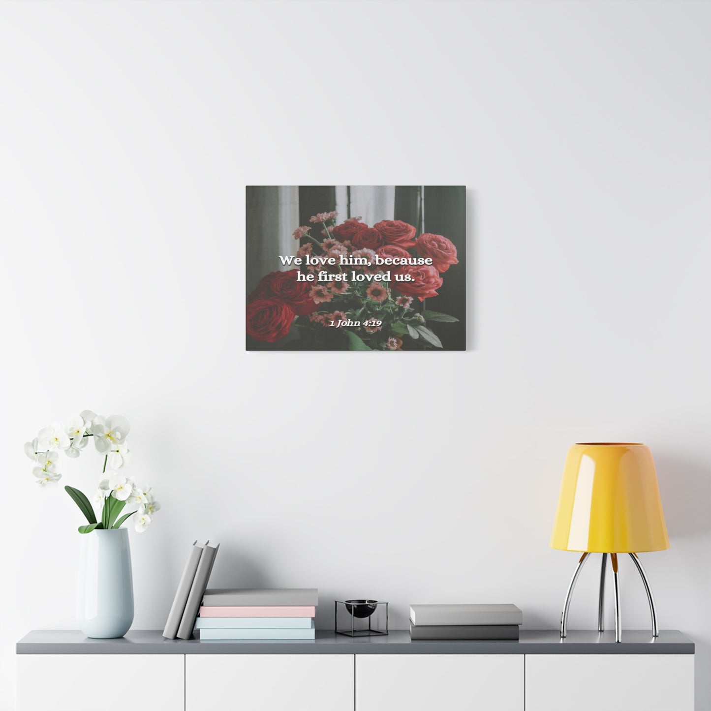 Scripture Canvas Because He First Loved Us 1 John 4:19 Christian Wall Art Bible Verse Print Ready to Hang