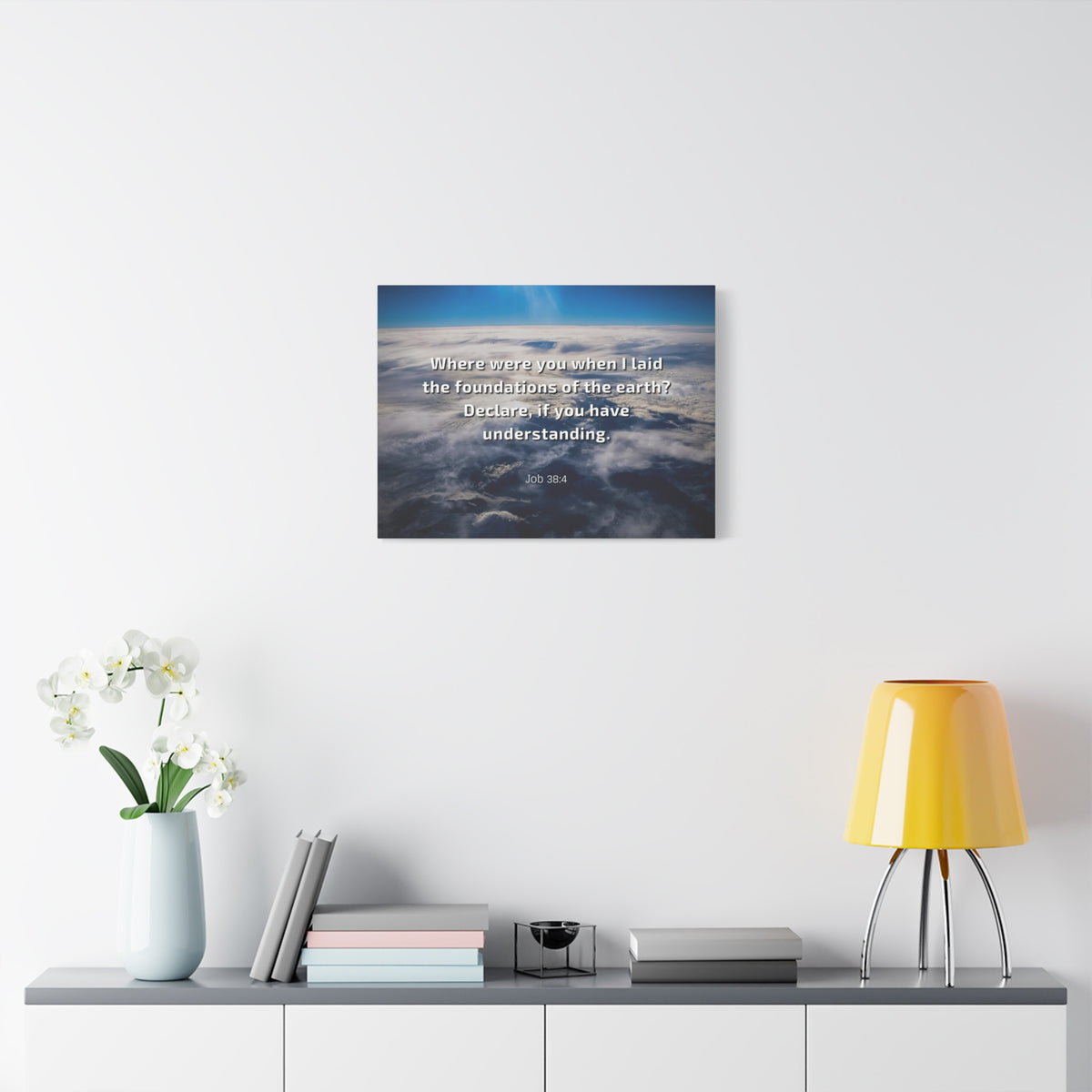 Scripture Canvas Foundations Of Earth Job 38:4 Christian Wall Art Bible Verse Print Ready to Hang
