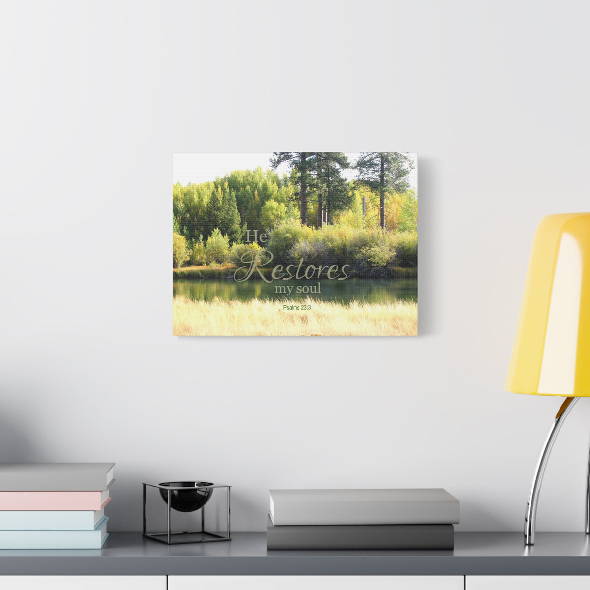 Scripture Canvas He Restores My Soul Psalms 23:3 Christian Wall Art Bible Verse Print Ready to Hang