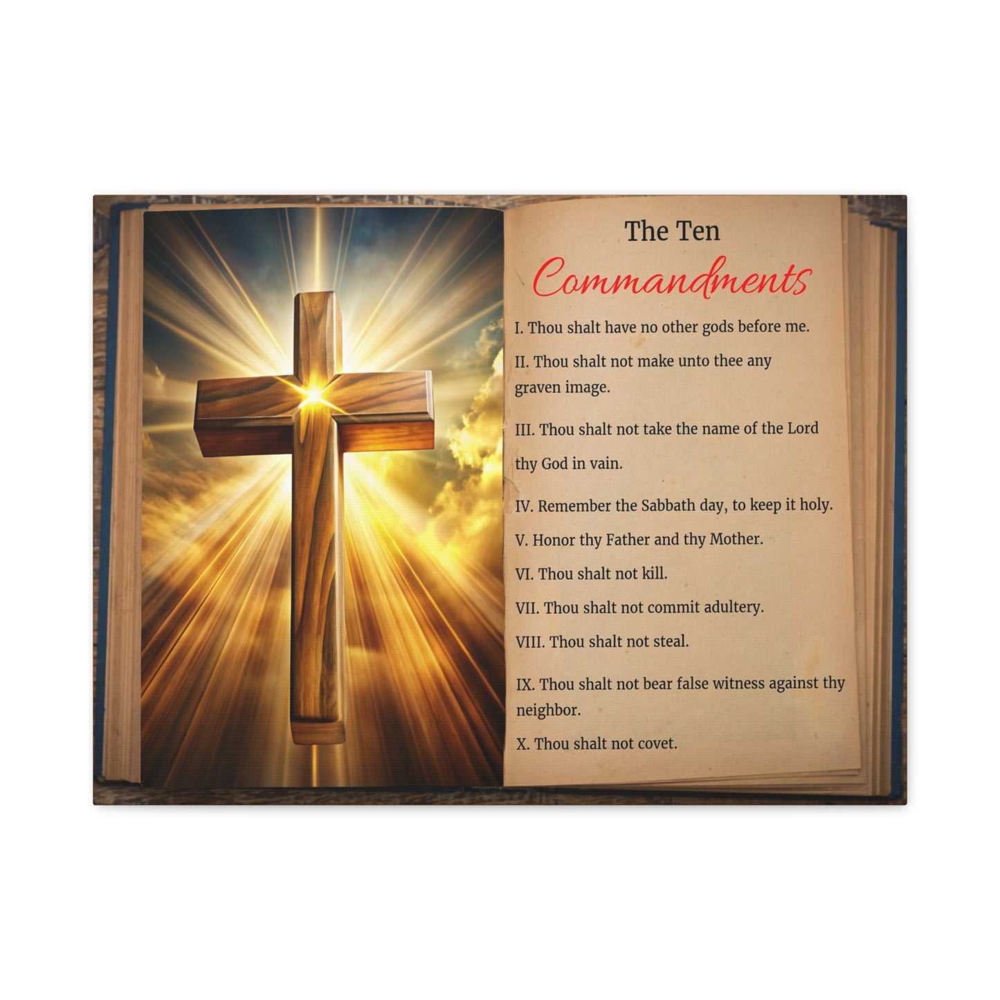 The Ten Commandments Open Book Cross Bible Canvas Christian Wall Art Ready to Hang Unframed