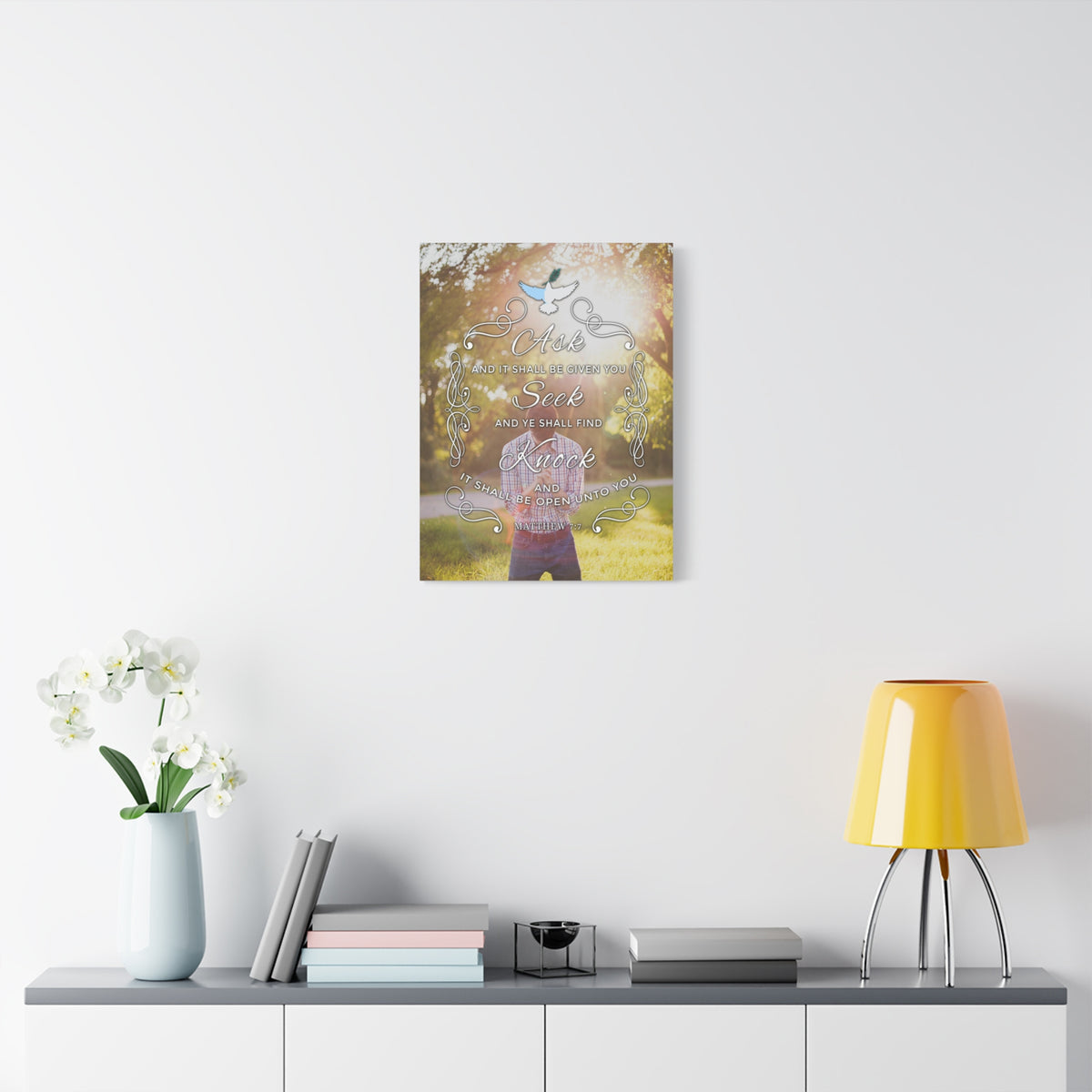 Scripture Canvas Ask Seek Knock Matthew 7:7 Christian Wall Art Bible Verse Print Ready to Hang