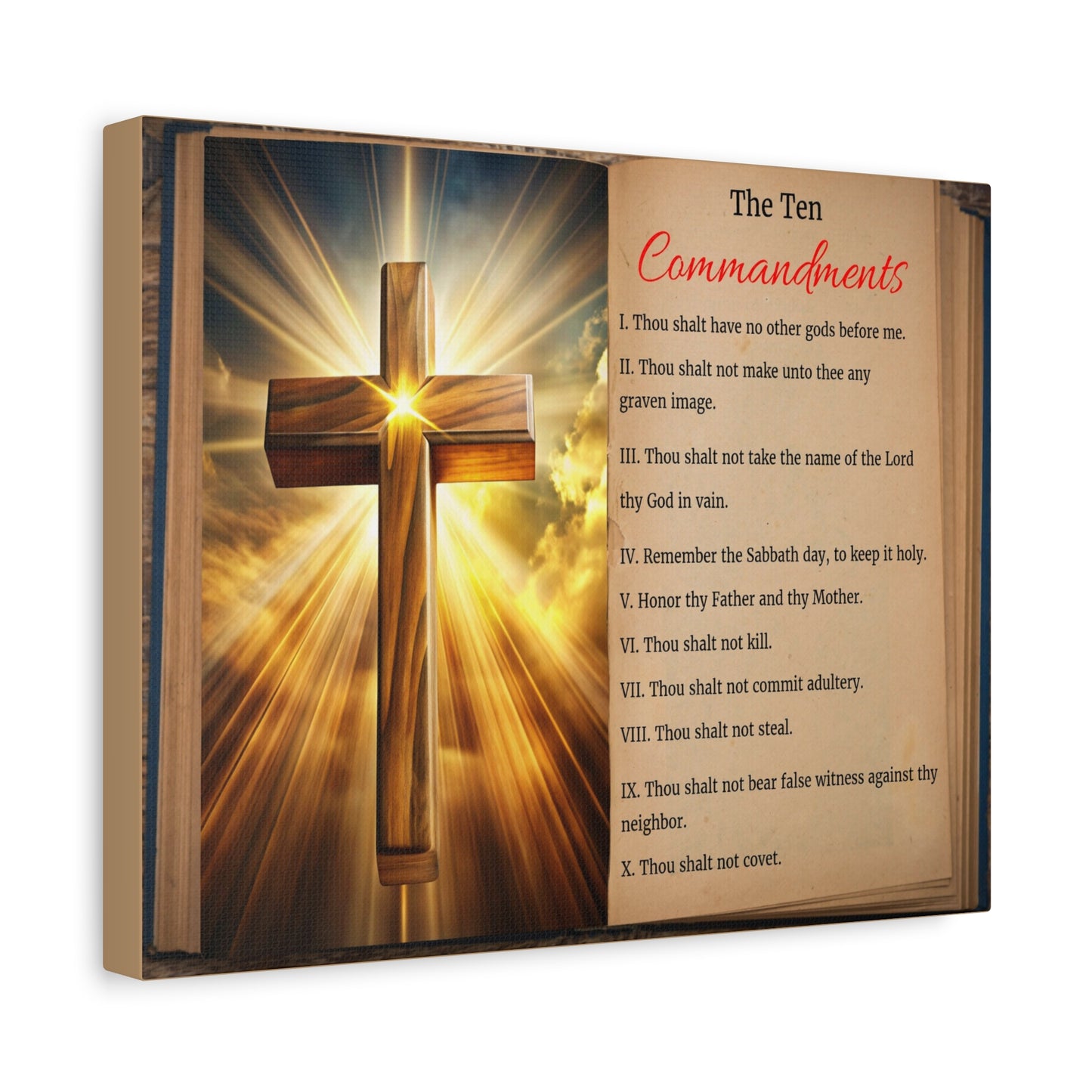 The Ten Commandments Open Book Cross Bible Canvas Christian Wall Art Ready to Hang Unframed