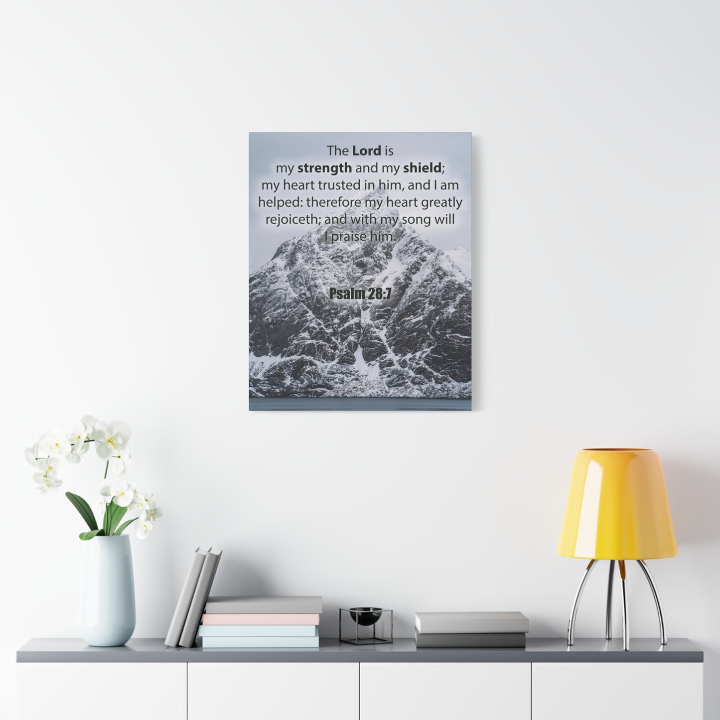 Bible Verse CanvasThe Lord is My Strength and Shield Psalm 28:7 Christian Home Decor Scripture Art