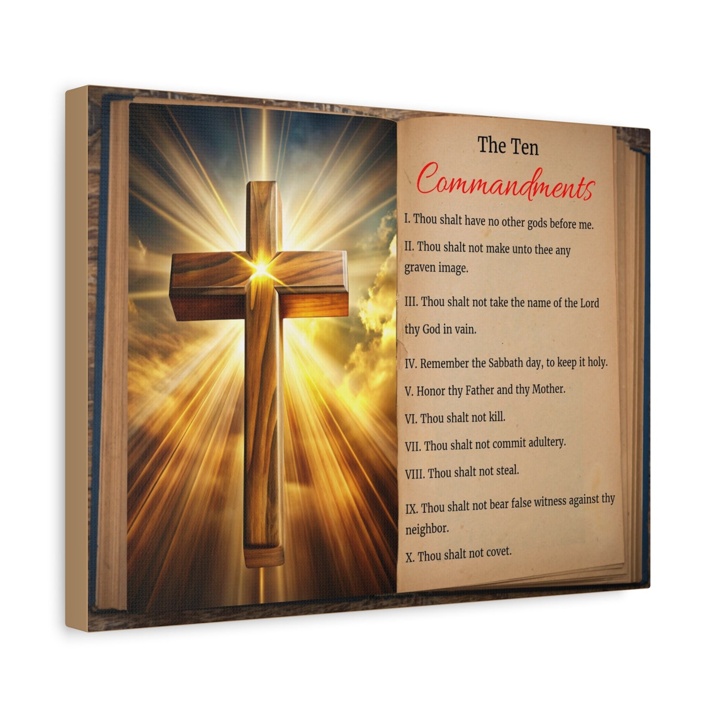 The Ten Commandments Open Book Cross Bible Canvas Christian Wall Art Ready to Hang Unframed