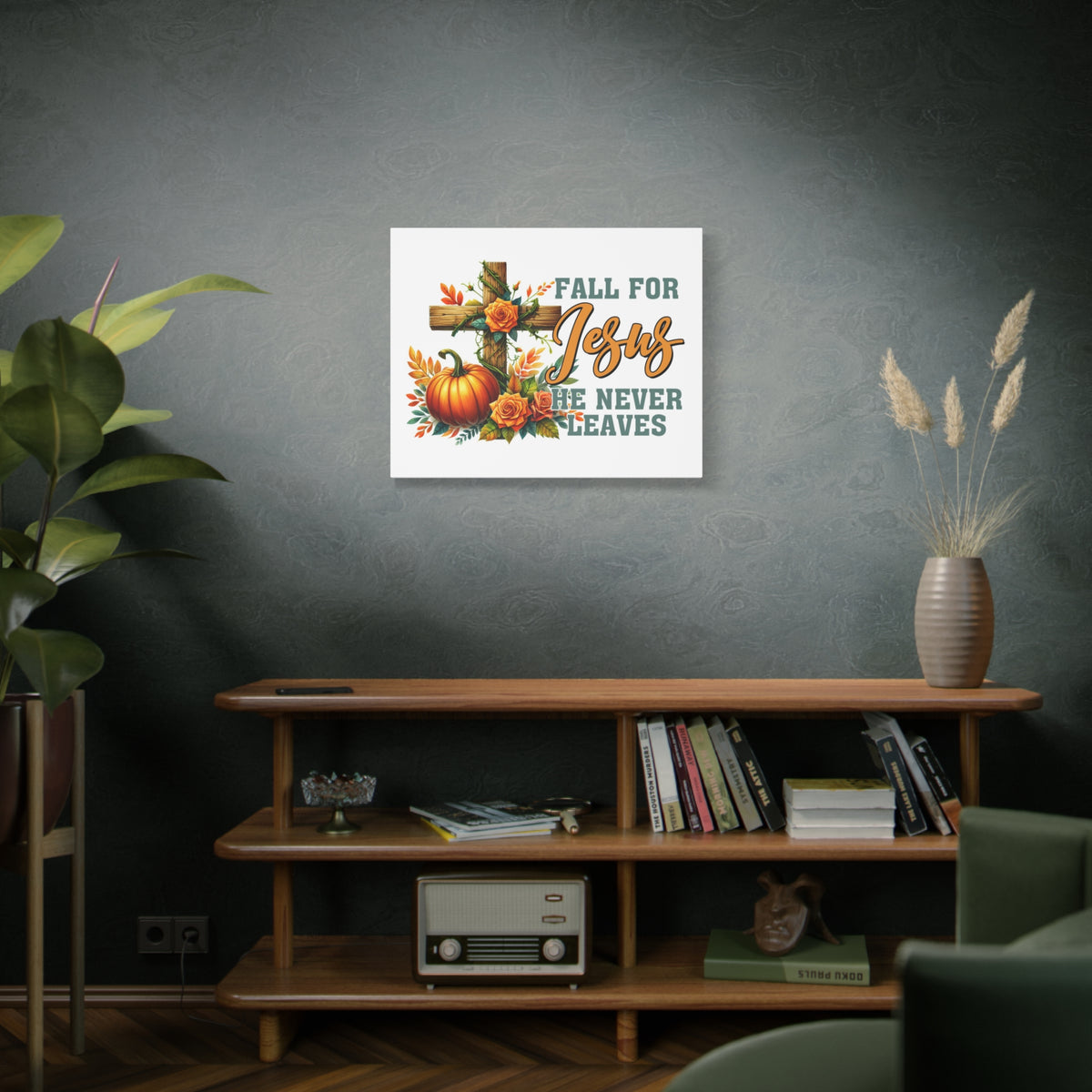Scripture Walls Jesus Never Leaves Autumn Bible Verse Canvas Christian Wall Art Ready to Hang Unframed