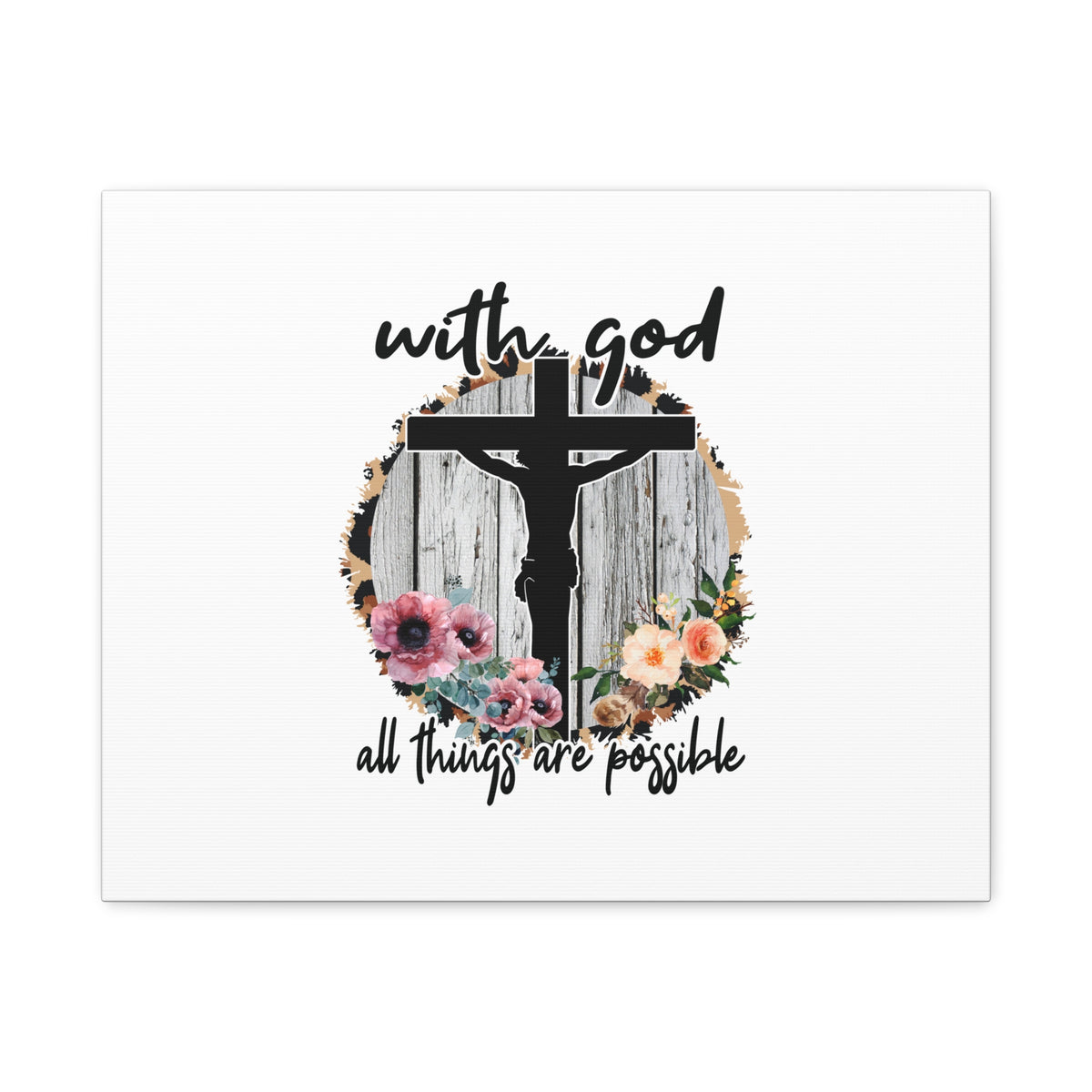 Scripture Canvas All Things Are Possible Mark 10:27 Flower Cross Christian Wall Art Bible Verse Print Ready to Hang