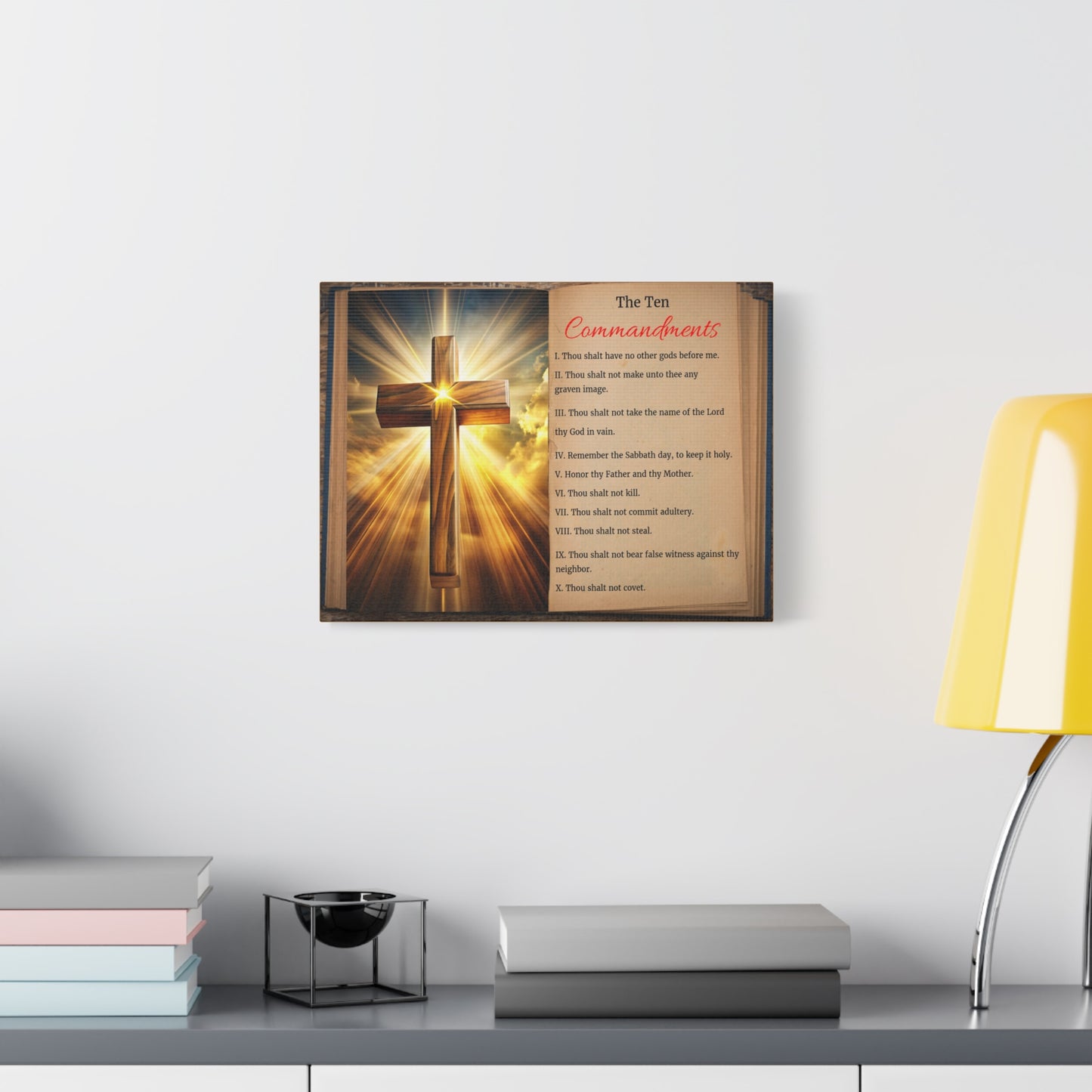 The Ten Commandments Open Book Cross Bible Canvas Christian Wall Art Ready to Hang Unframed