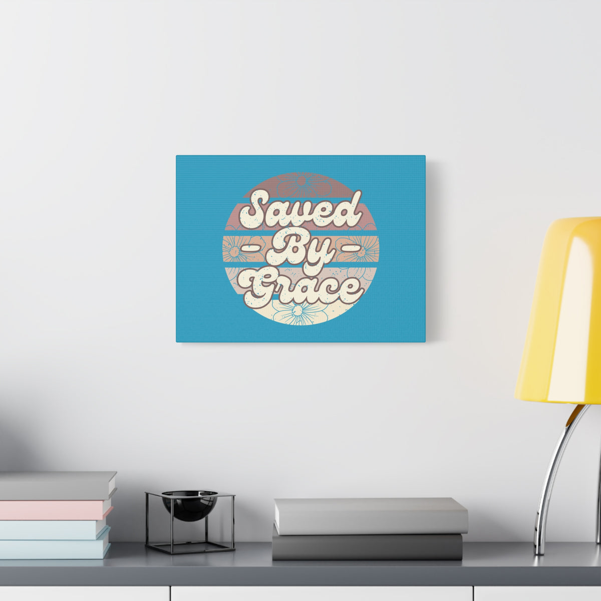 Scripture Canvas Saved By Grace Ephesians 2:8 Circle Blue Christian Wall Art Bible Verse Print Ready to Hang