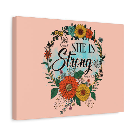 Scripture Canvas She Is Strong Peach Proverbs 31:25 Christian Wall Art Bible Verse Print Ready to Hang