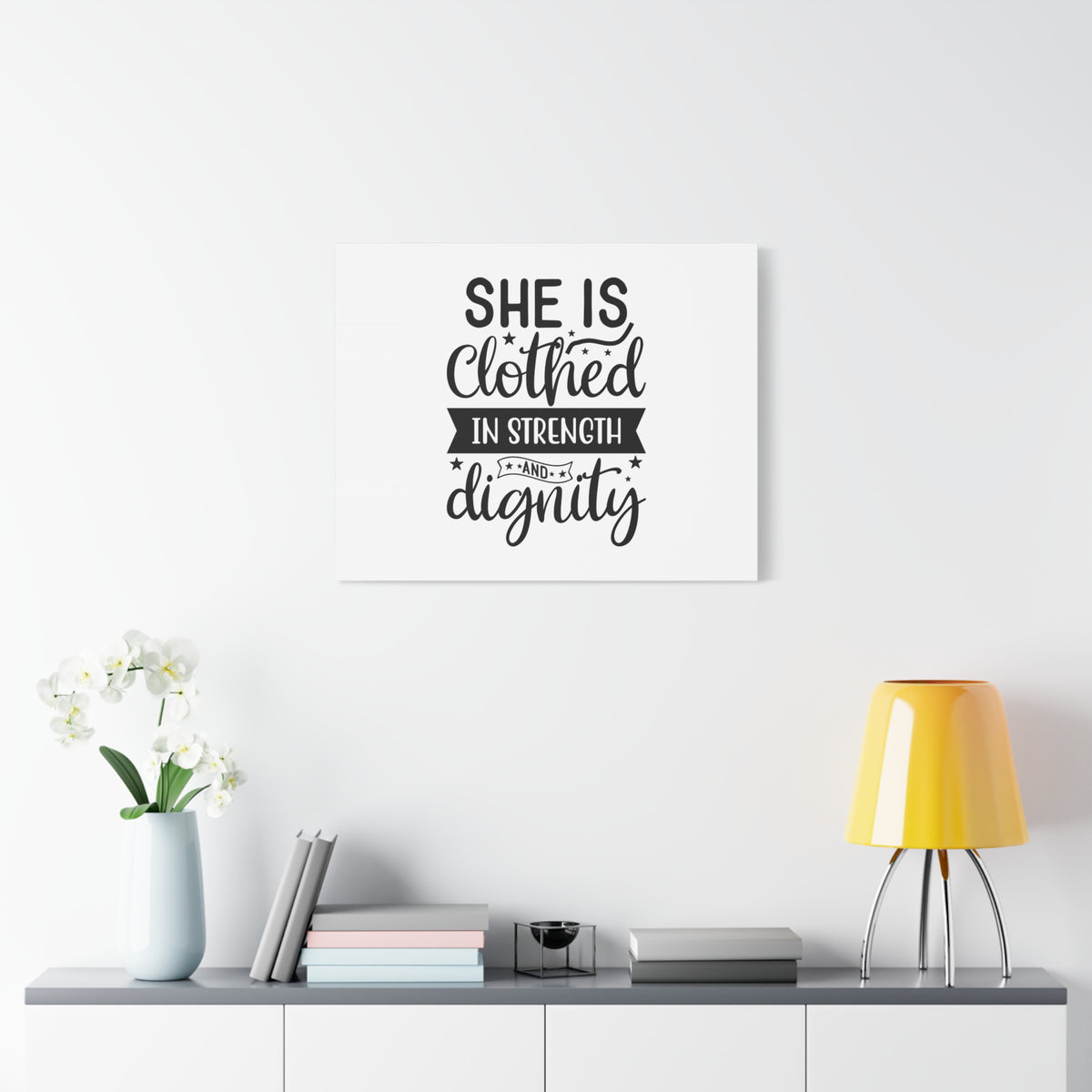 Scripture Canvas Clothed In Strength Proverbs 31:25 Many Stars Christian Wall Art Bible Verse Print Ready to Hang