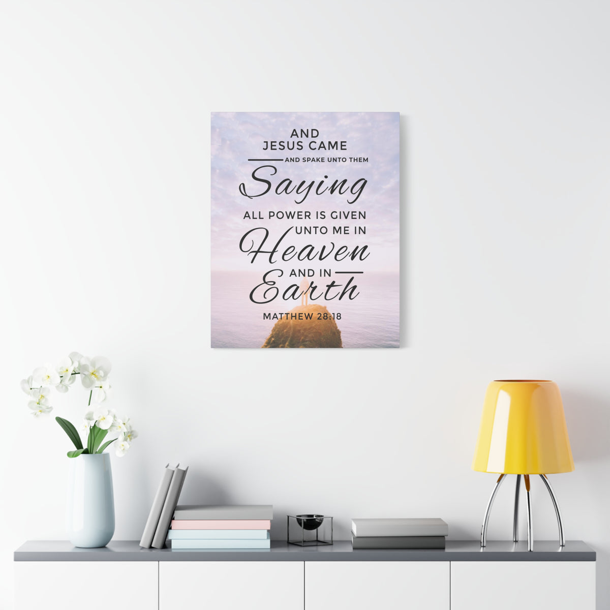 Scripture Canvas Heaven and Earth Matthew 28:18 Christian Wall Art Bible Verse Print Ready to Hang