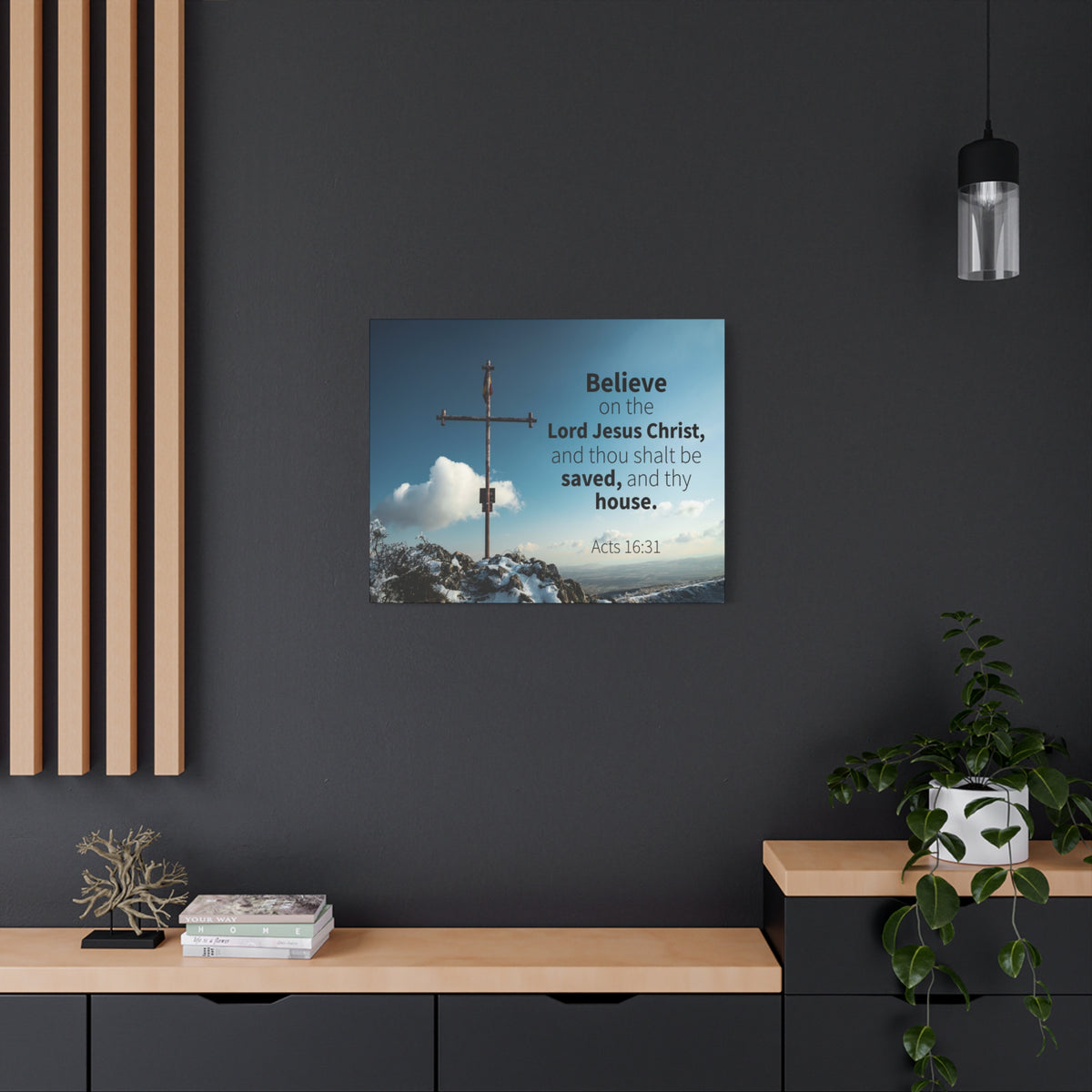 Scripture Canvas Believe Acts 16:31 Christian Wall Art Bible Verse Print Ready to Hang
