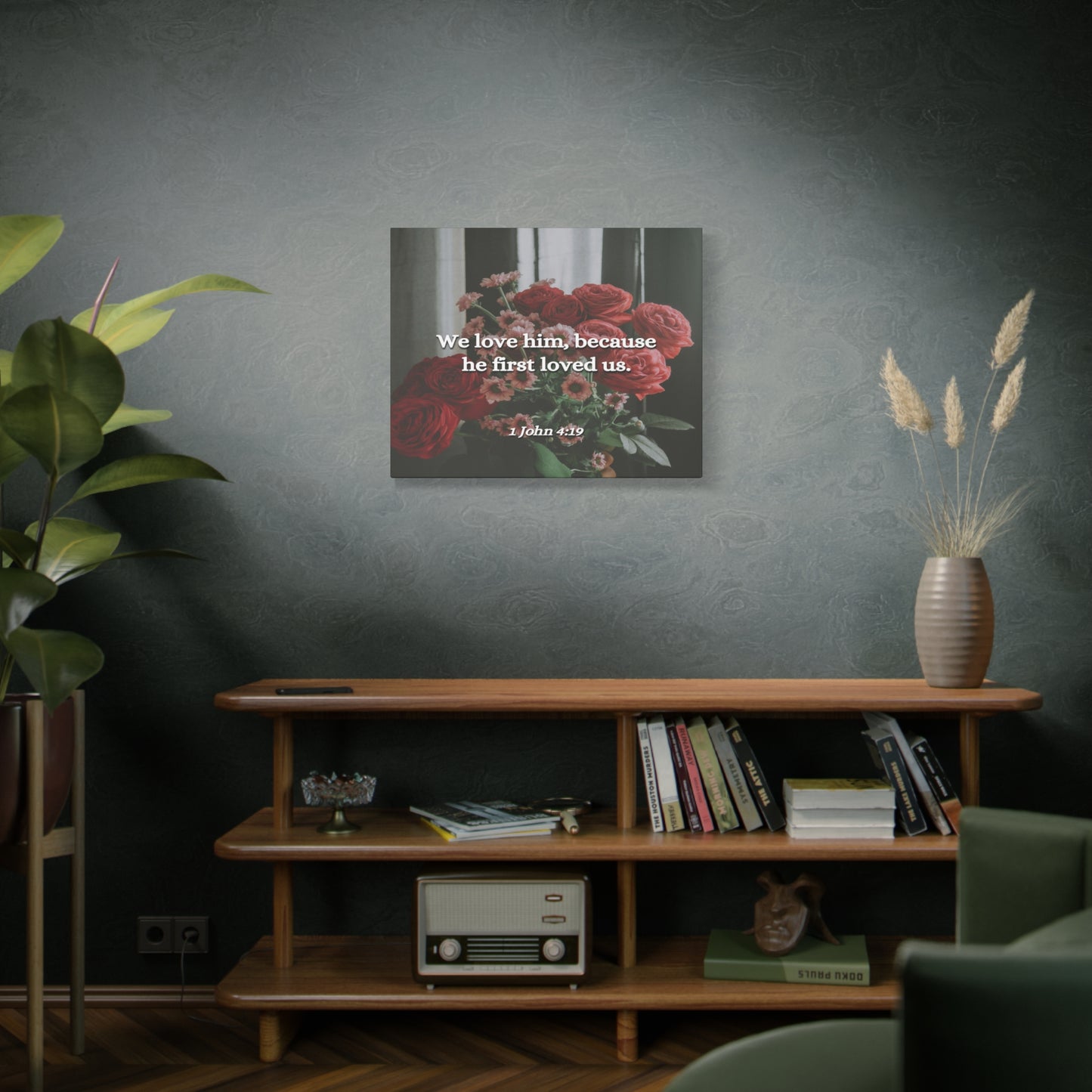Scripture Canvas Because He First Loved Us 1 John 4:19 Christian Wall Art Bible Verse Print Ready to Hang