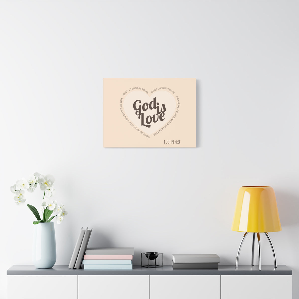 Scripture Canvas God Is Love 1 John 4:8 Light Brown Christian Wall Art Bible Verse Print Ready to Hang