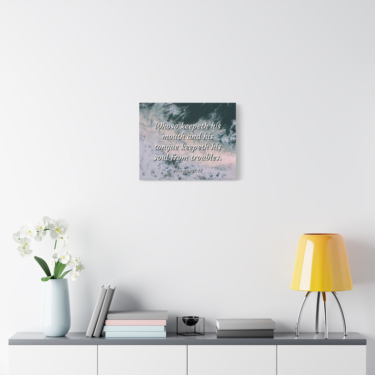 Scripture Canvas Troubles Proverbs 21:23 Christian Wall Art Bible Verse Print Ready to Hang