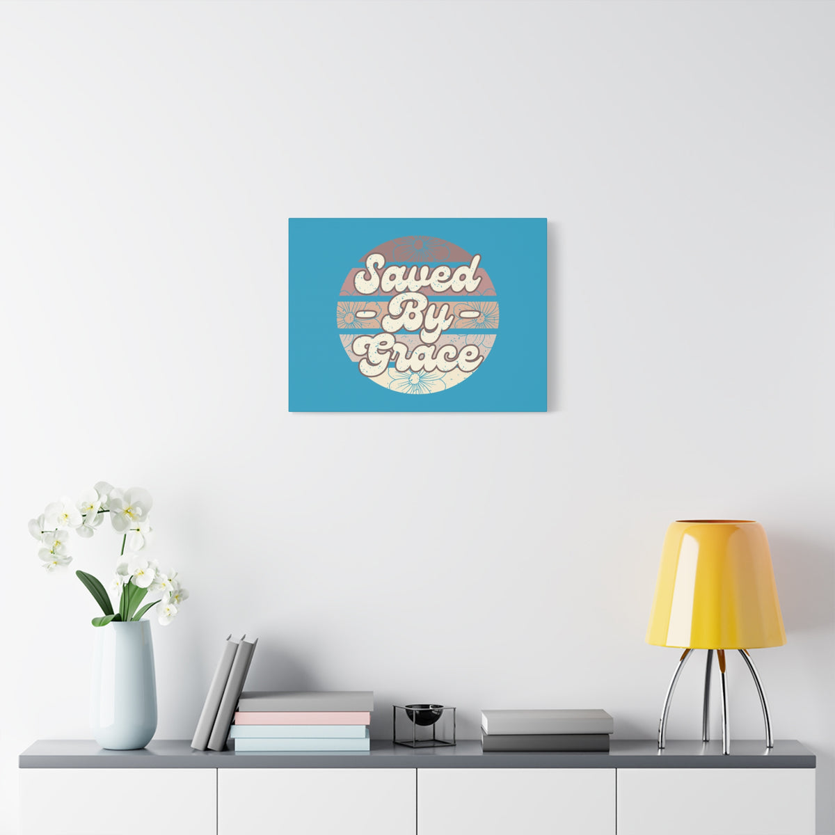 Scripture Canvas Saved By Grace Ephesians 2:8 Circle Blue Christian Wall Art Bible Verse Print Ready to Hang