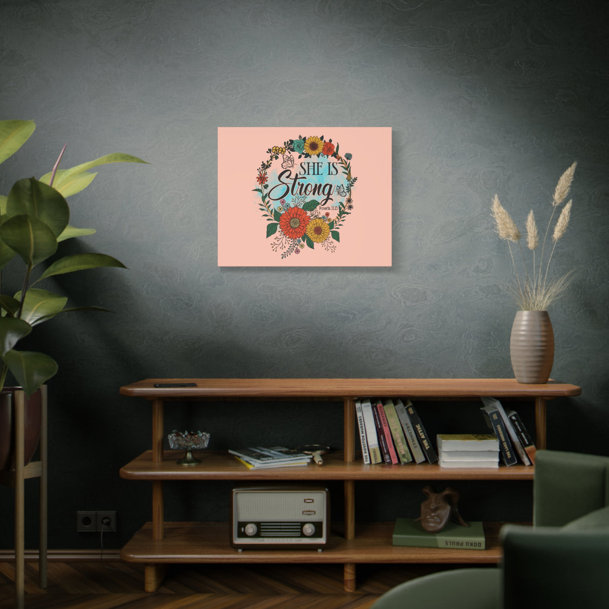 Scripture Canvas She Is Strong Peach Proverbs 31:25 Christian Wall Art Bible Verse Print Ready to Hang