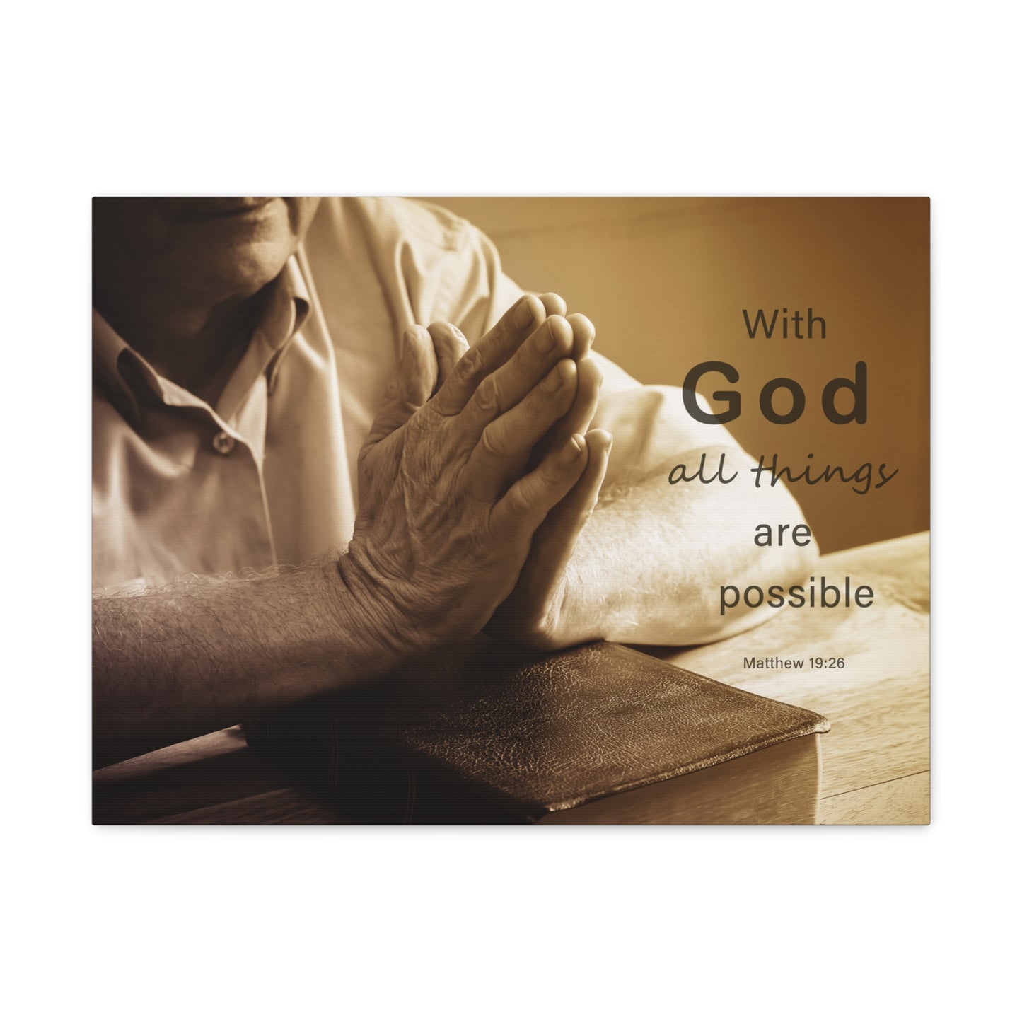 With God Matthew 19:26 Praying Hands Bible Verse Canvas Christian Wall Art Ready to Hang