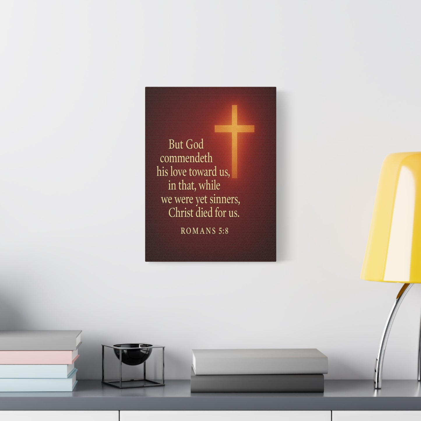 Bible Verse Canvas Romans 5:8 Christian Home Décor Wall Art Scripture Ready to Hang Faith Print