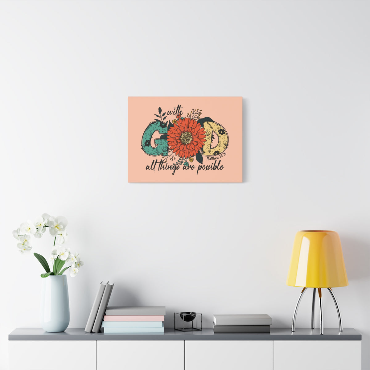 Scripture Canvas With God Mark 10:27 Three Flowers Peach Christian Wall Art Bible Verse Print Ready to Hang