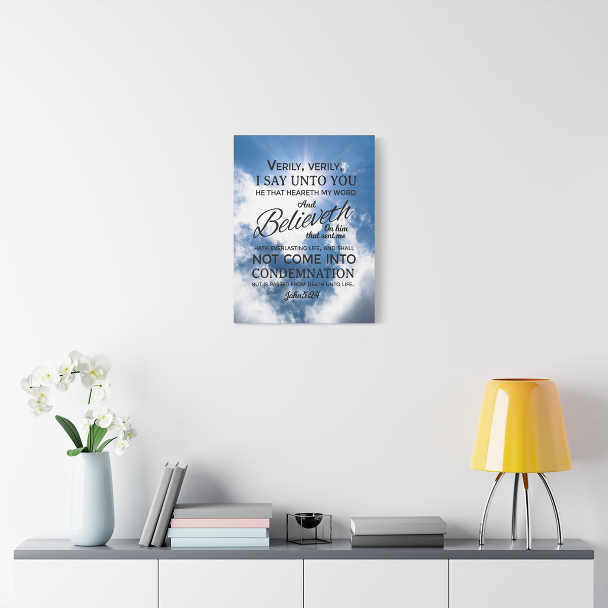 Scripture Canvas Everlasting Life John 5:24 Christian Wall Art Bible Verse Print Ready to Hang