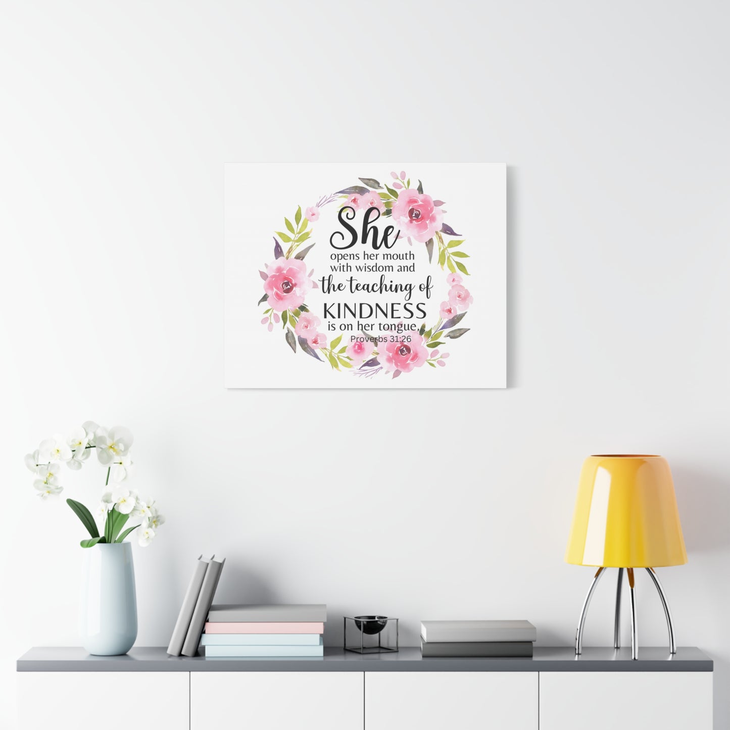 Scripture Walls Proverbs 31:26 She Teaches Kindness Bible Verse Canvas Christian Wall Art Ready to Hang Unframed