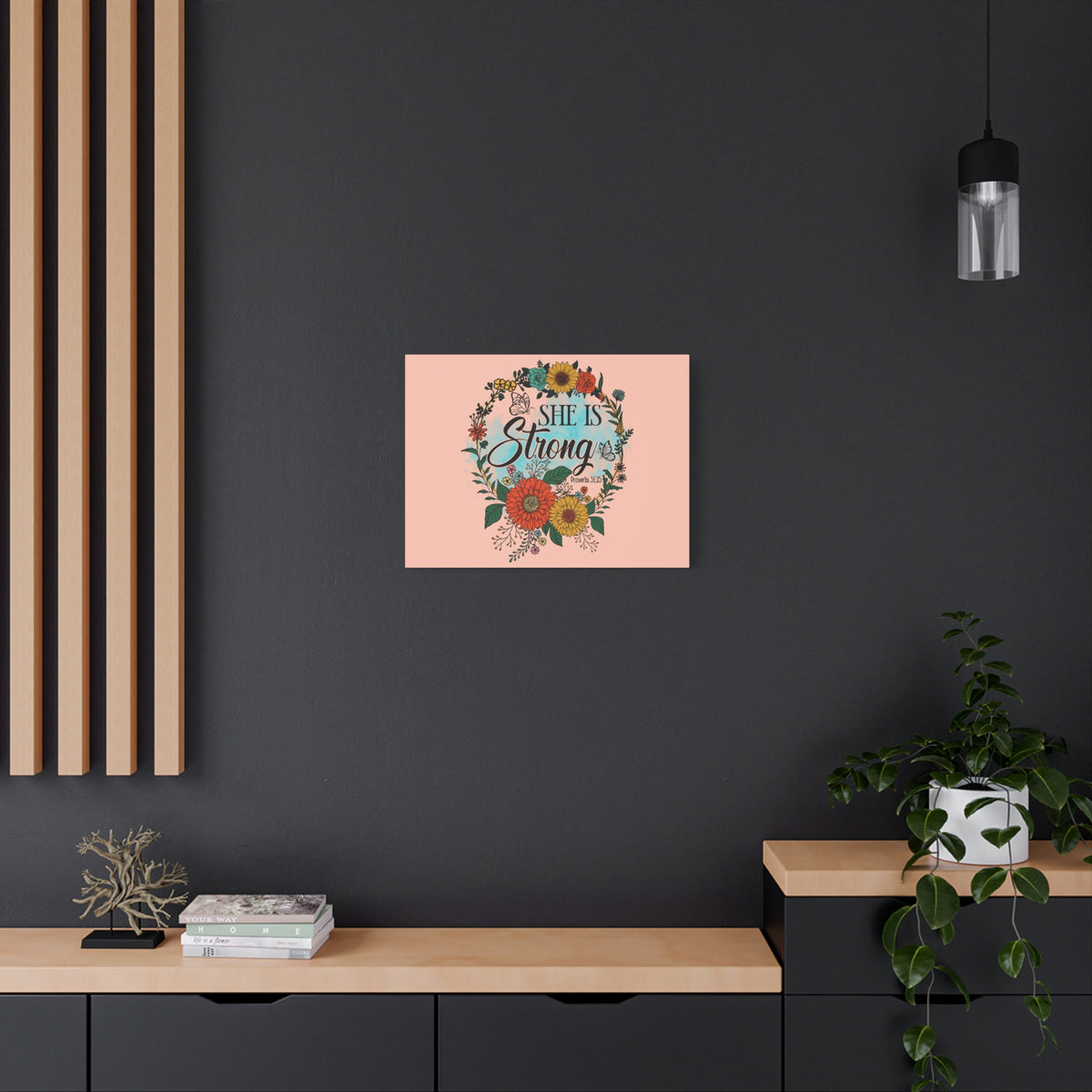 Scripture Canvas She Is Strong Peach Proverbs 31:25 Christian Wall Art Bible Verse Print Ready to Hang