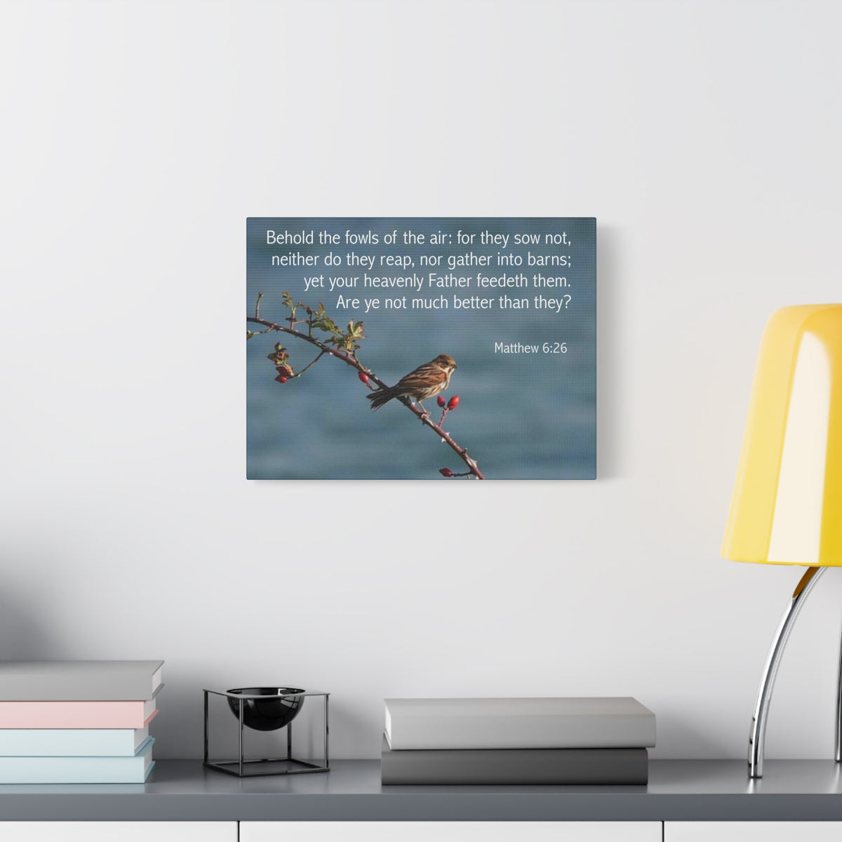 Scripture Canvas Behold The Fowls Matthew 6:26 Christian Wall Art Bible Verse Print Ready to Hang