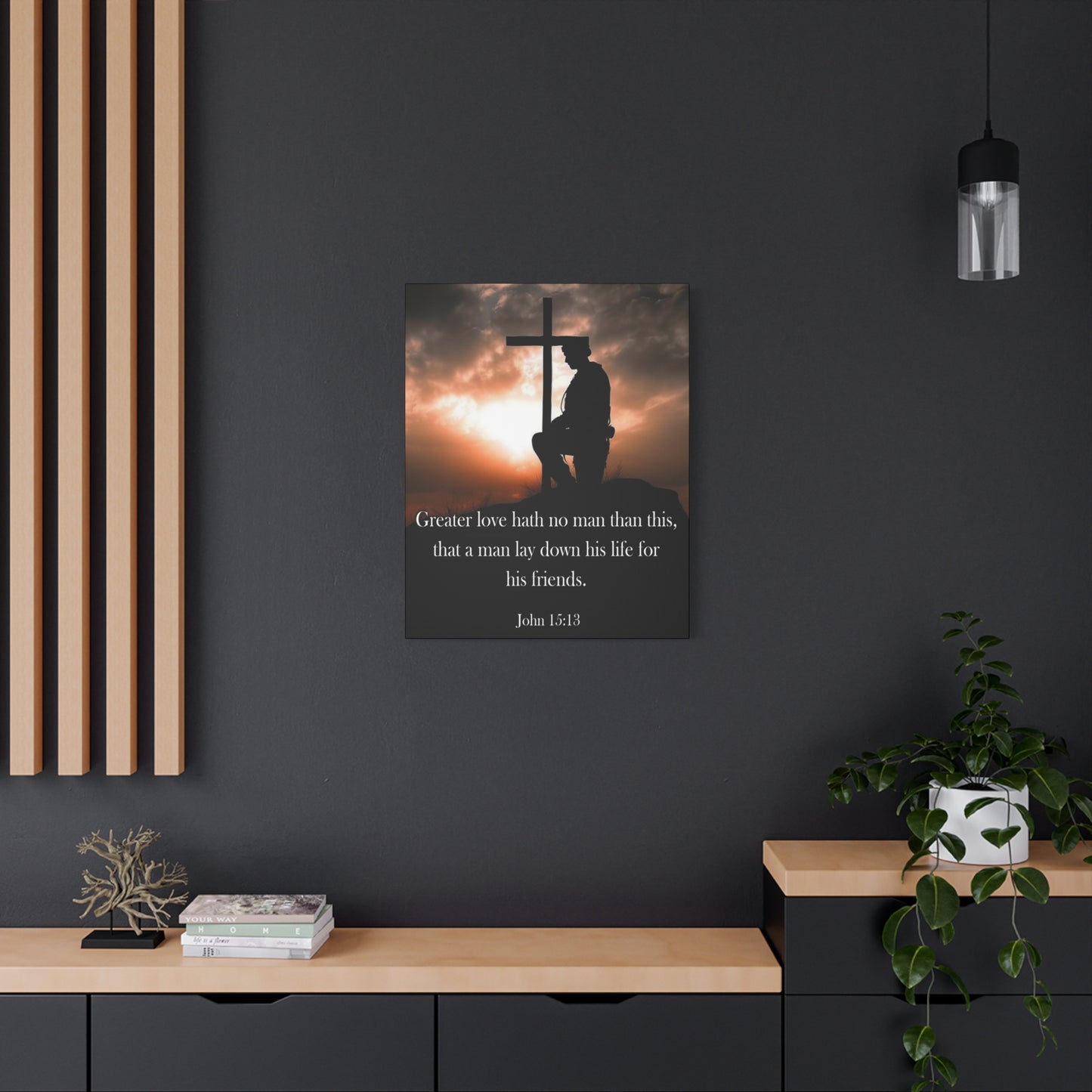 Scripture Walls John 15:13 Greater Love Soldier at Cross Christian Wall Art Print Ready to Hang Unframed