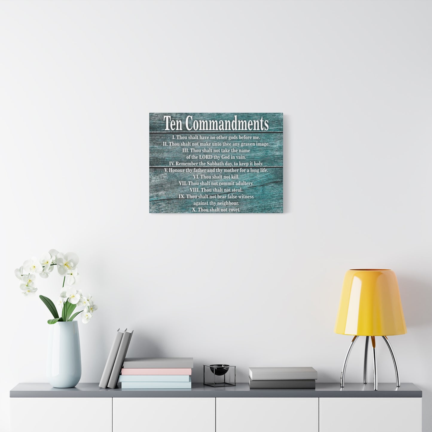 Scripture Canvas Ten Commandments Blue Wood Christian Wall Art Print Ready to Hang
