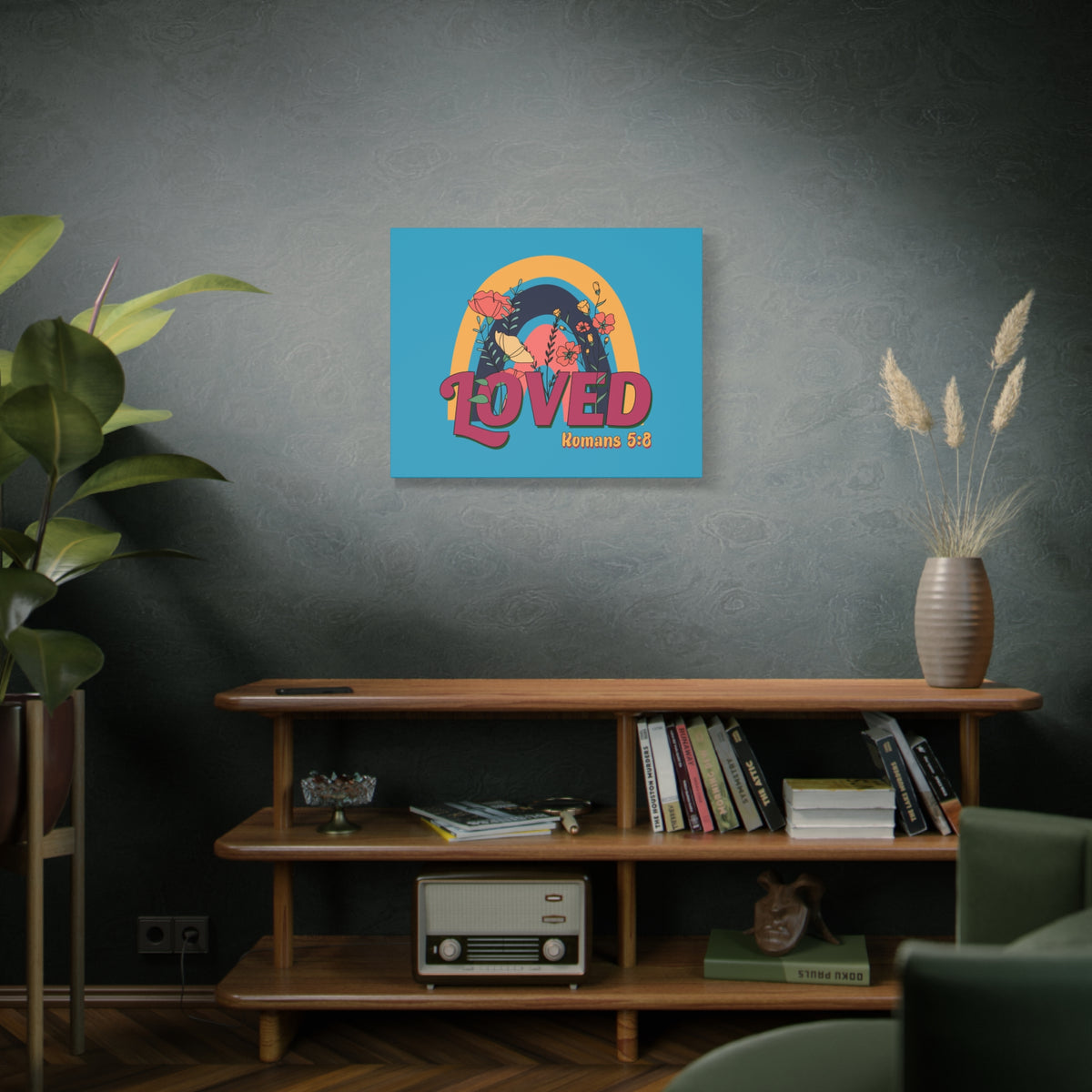 Scripture Canvas Loved Romans 5:8 Red Turquoise Christian Wall Art Bible Verse Print Ready to Hang