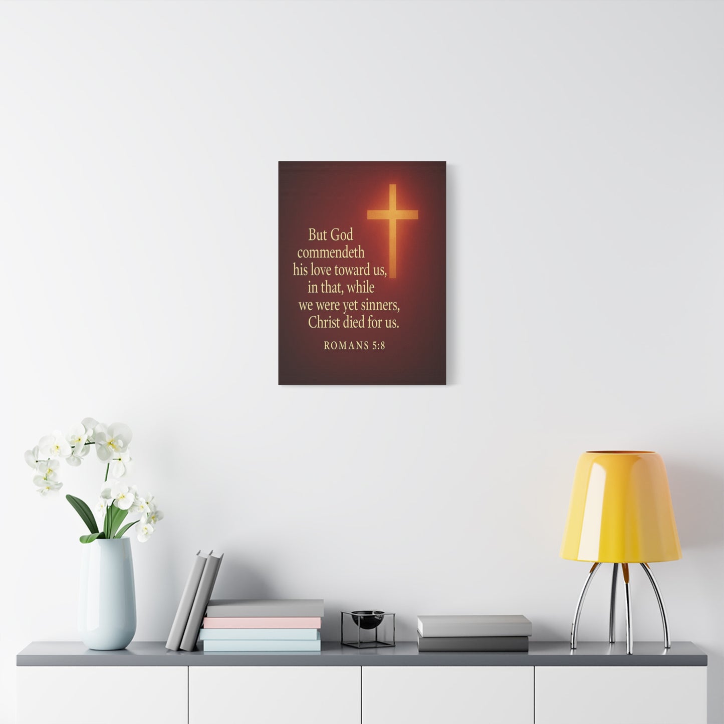 Bible Verse Canvas Romans 5:8 Christian Home Décor Wall Art Scripture Ready to Hang Faith Print