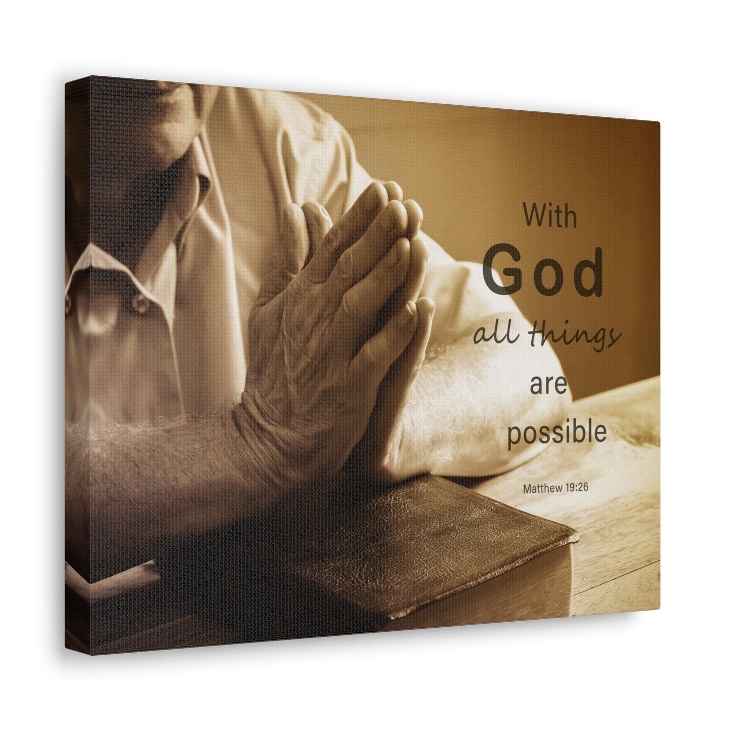 With God Matthew 19:26 Praying Hands Bible Verse Canvas Christian Wall Art Ready to Hang